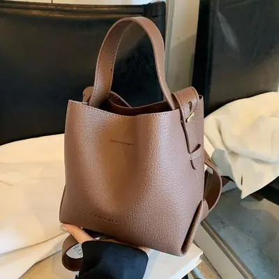 Women's Litchi Pattern Bucket Bag Beige Shoulder Crossbody