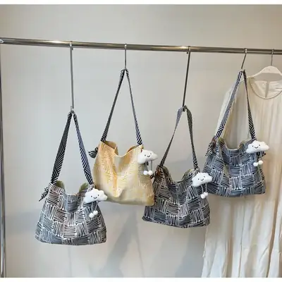 Large Capacity Plaid Canvas Shoulder Bag Women 2024