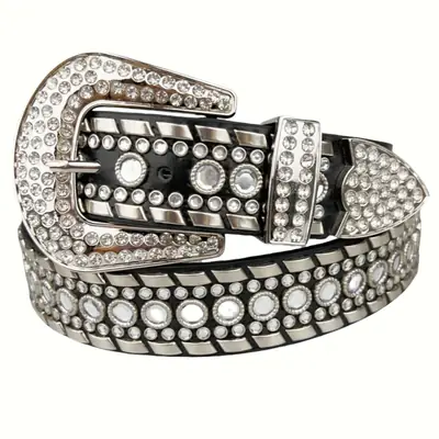 Black Diamond Belt with Rhinestone Buckle for Women