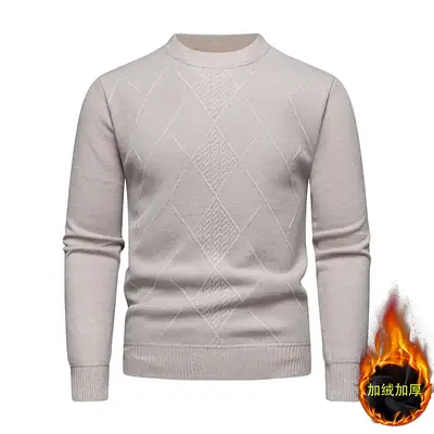 Men's Fleece Lined Rhombic Sweater Solid Color