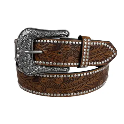 Western Denim Buckle Belt Embossed Studs Brown