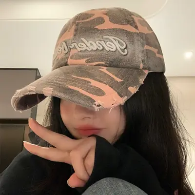 Women Washed Hole Camouflage Baseball Cap with Letter Embroidery
