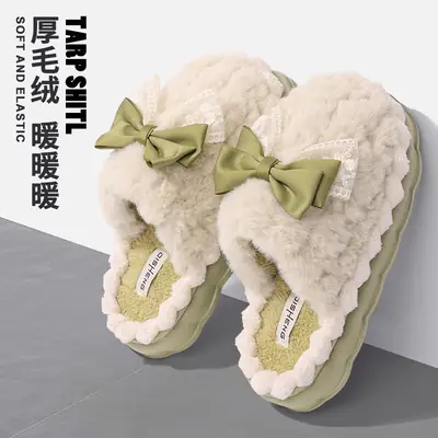 Light Luxury Cotton Slippers with Poop Feeling, Home Bow Fleece-Lined Warm Cotton Slippers for Couples, Indoor Non-Slip Women's Autumn and Winter