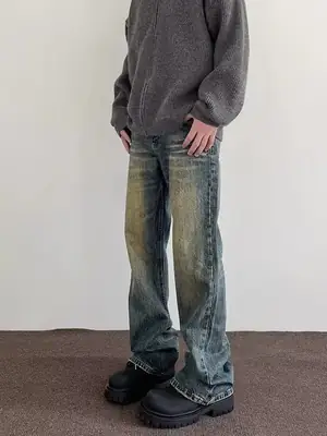 Vintage Washed Old Jeans Men Straight Micro-Pull Slim Fit