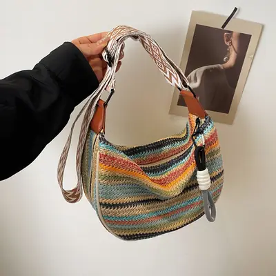 Rainbow Straw Bag Women's 2025 New Fashion Underarm Shoulder Bag