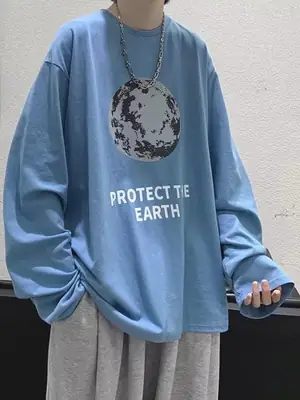 Men Printed T-Shirt Grey Loose Casual Winter