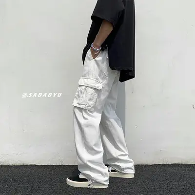 Multi-Pocket Boys Cargo Pants Black Wide Leg Spring Autumn