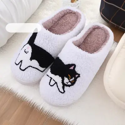 Cross-Border E-Commerce Autumn and Winter New Home Plush Slippers with Fleece Lining, Thickened Cartoon Cow and Cat Cute Cotton Slippers for Women