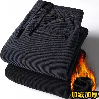 Men's Black Corduroy Straight Pants Fleece Lined Plus Size