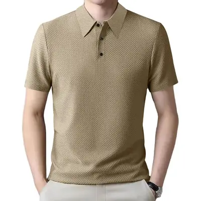Men's Waffle Knit Polo Shirt Short Sleeve Summer Beige
