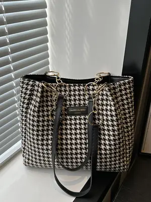 Vintage Houndstooth Shoulder Tote Bag for Women 2024