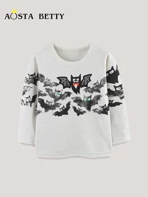 Halloween Bat Print Boys T-Shirt White Round Neck