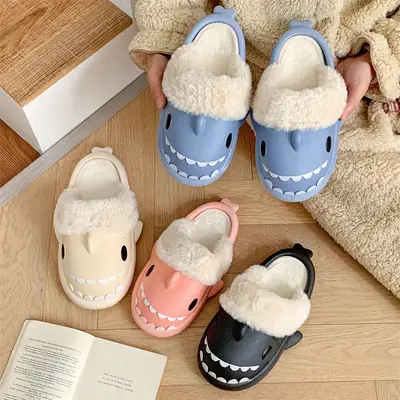 Women's Blue Shark Fleece Slippers Winter Warm Indoor