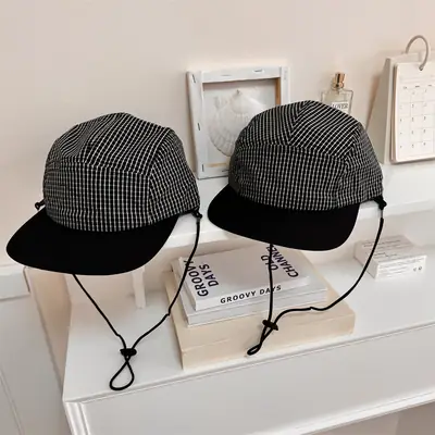 Women Plaid Hip-Hop Cap Black White Flat Brim