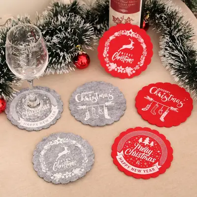 Christmas Wine Cup Mats Red Grey Cotton Felt Decor