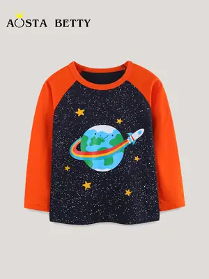 Children's Planet Print Long Sleeve T-Shirt Orange Black