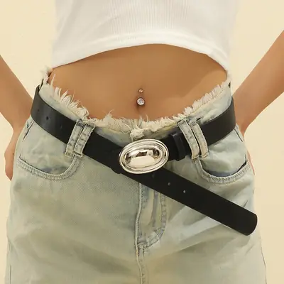 Women's Black Leather Belt with Silver Buckle