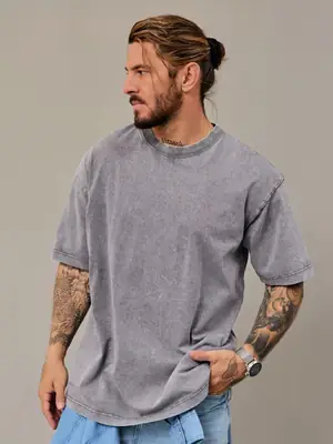 Men's Grey Distressed Round Neck T-Shirt