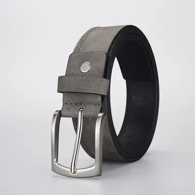 Men's Grey PU Leather Belt with Silver Buckle