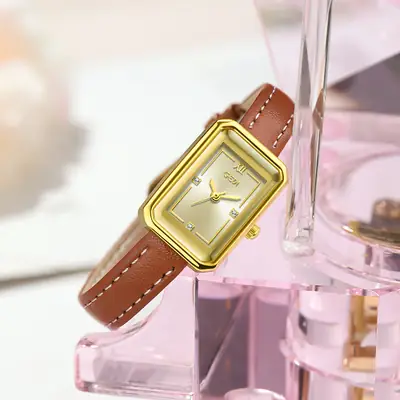 Gold Korean Women's Square Watch with Brown Leather Band