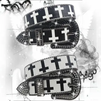 Black White Cross Rhinestone Belt Y2K PU Leather