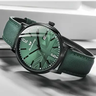 Men's Green Leather Watch with Date Display