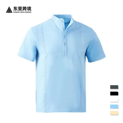 Men Light Blue Striped Half Cardigan Button Top T-Shirt 2026