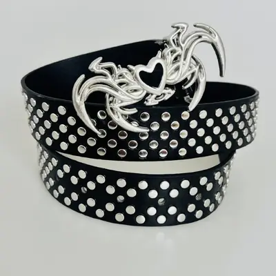 Gothic Rivet Belt with Skull Wings Design