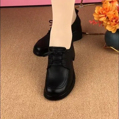Women's Black Thick Heel Lace-Up Shoes
