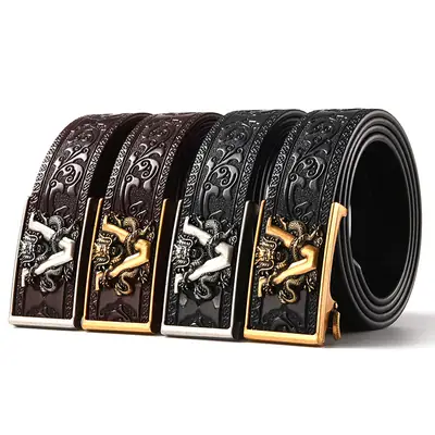 Black Carved Leather Belt with Dragon Embroidery