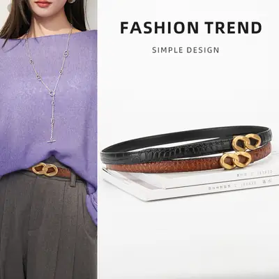 Gold Plated Women's Leather Belt with Double Chain Closure