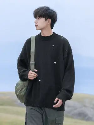 Men's Beige Hole Knit Sweatshirt Asymmetrical