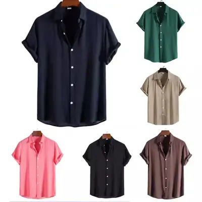 Men's Navy Blue Thin Solid Color Shirt Short Sleeve