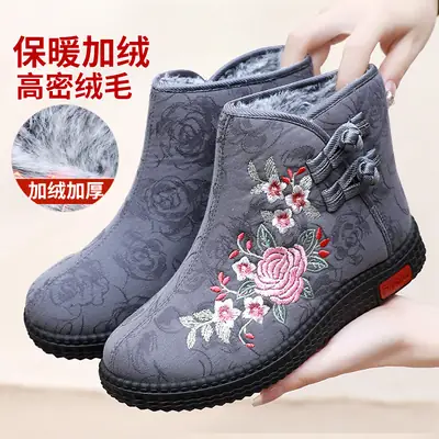 Old Beijing Cloth Embroidered Winter Boots Grey