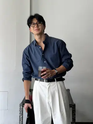 Men Korean Style Long Sleeve Shirt Blue White Pants