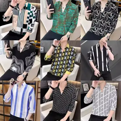 Men's 7-Sleeve Striped Shirt Black White Summer Wear
