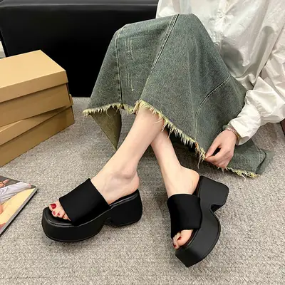 Women's Black Heeled Sandals Summer Outer Wear