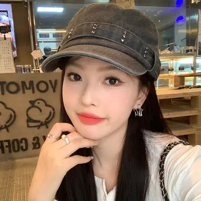 Korean Style Retro Denim Flat Top Beret Women's Spring and Autumn Big Head Face Showcase Small Cap Old Washed Hat Trendy