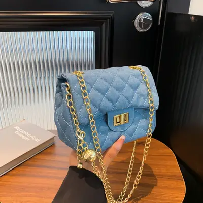 Light Blue Quilted Shoulder Crossbody Bag with Gold Chain