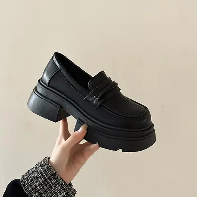 Black Thick Heel Women's Leather Loafers 2024