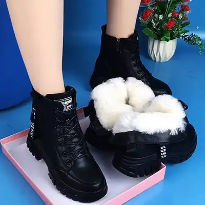 Women's Black Fleece Winter Boots Thick Soles