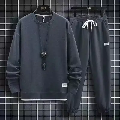 Men's Beige Waffle Knit Sweatshirt Set Long Sleeve Casual