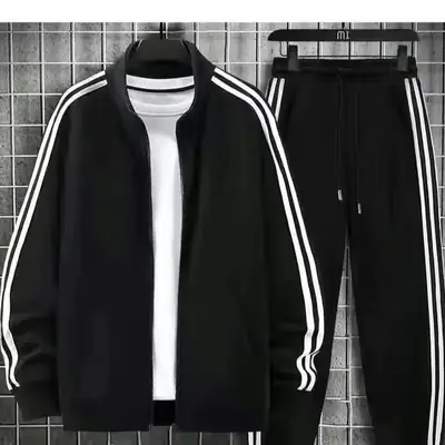 Men's Black 3 Bar Track Suit with White Stripes