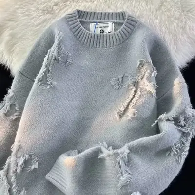 Men's Black Rippled Crewneck Sweater Winter Wear
