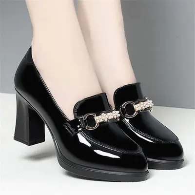 Women's Black Leather Heel Shoes with Gold Buckle