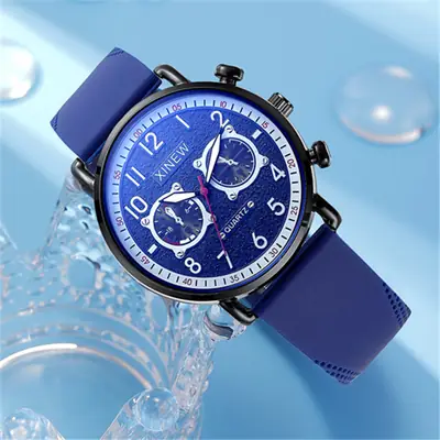 Men Xinew Blue Dial Quartz Chronograph Watch Brown Strap