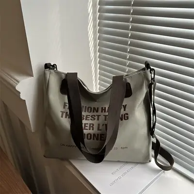 Letter Print Canvas Shoulder Tote Bag Large Capacity 2024