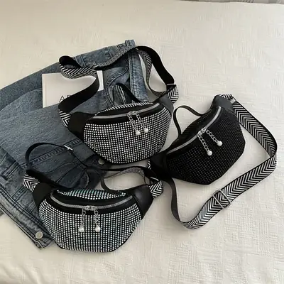 Women's Hot Rhinestone Waist Bag with Wide Strap