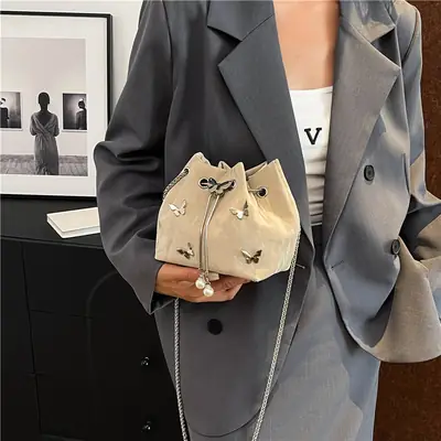Black Butterfly Chain Bucket Bag for Women