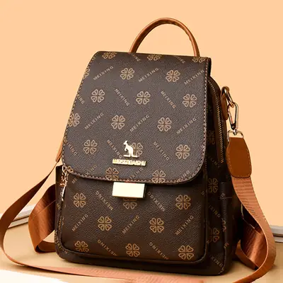 Women Printed Backpack Brown Leather Shoulder Travel School